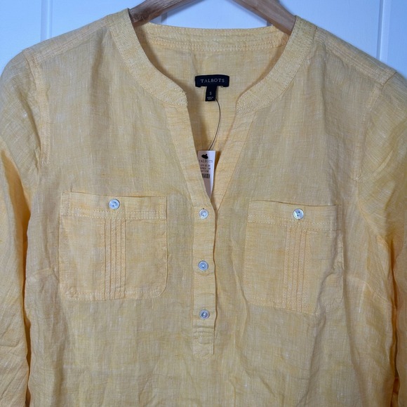 Talbots Popover Top Womens Sz S Yellow Roll Tab Sleeve Linen Beach Nautical NWT! - Picture 7 of 8